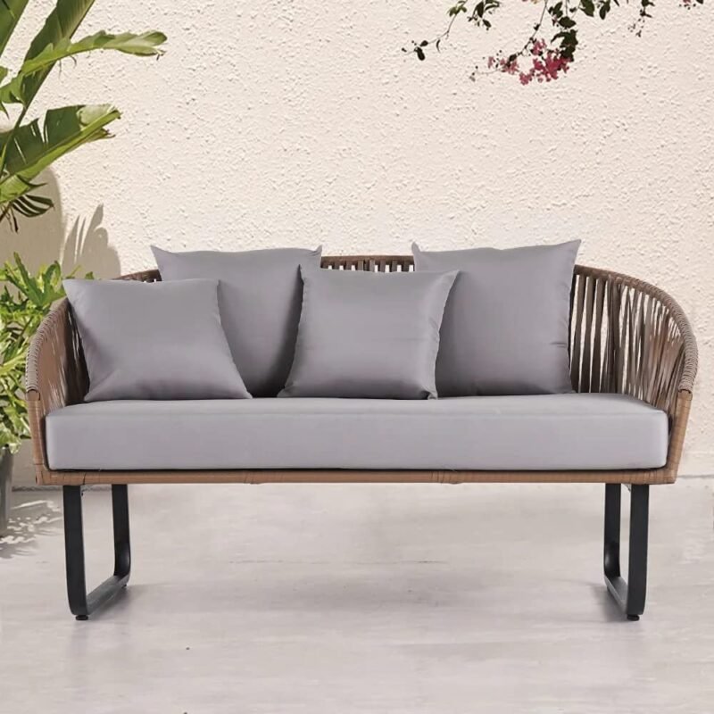 DEVOKO Outdoor Wicker Daybed Set (Beige/Grey) - Image 5