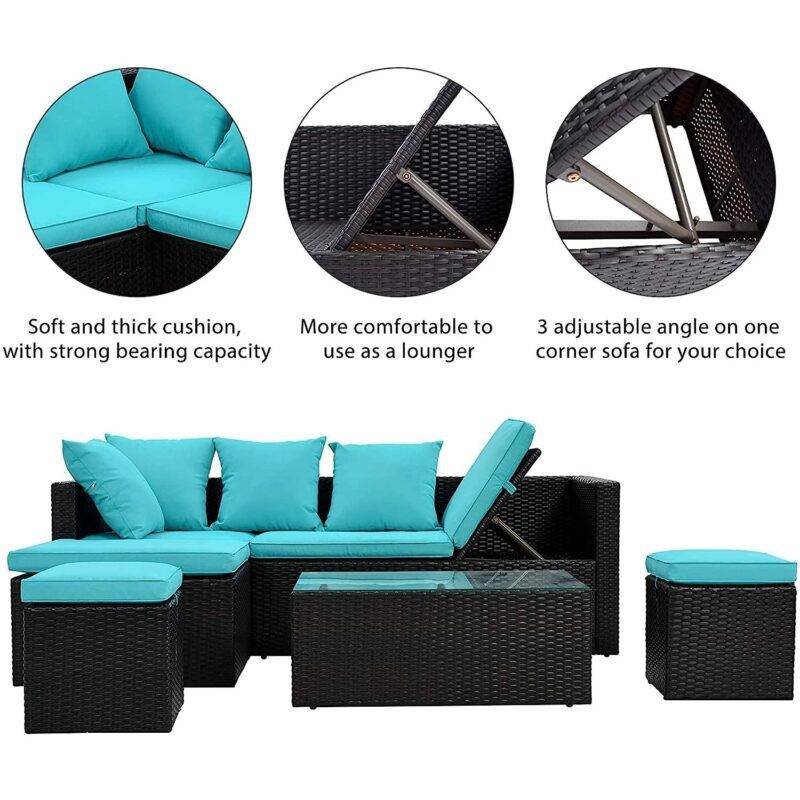 DEVOKO Rattan Sectional Sofa Set (Black/Sky-Blue) - Image 5