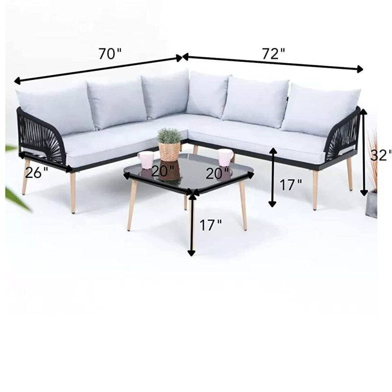 DEVOKO L-Shaped Outdoor Conversation Sofa Set with Rope Woven Design, Cushions, and Side Table (Black/White) - Image 4