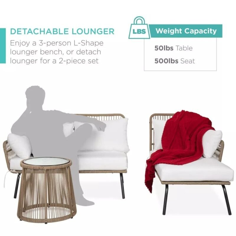 DEVOKO L-Shaped Outdoor Conversation Sofa Set with Cushions & Side Table (Beige/White) - Image 5