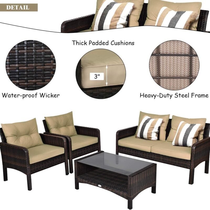 DEVOKO 4pc Outdoor Rattan Wicker Patio Set (Dark Brown & Cream) - Image 5
