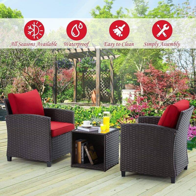 DEVOKO 3PCS Rattan Conversation Set (Dark Brown & Red) - Image 5