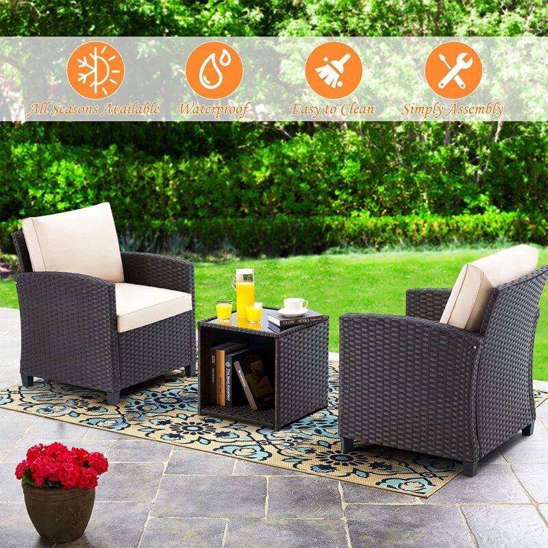 DEVOKO 3PCS Rattan Conversation Set (Dark Brown & Cream) - Image 5