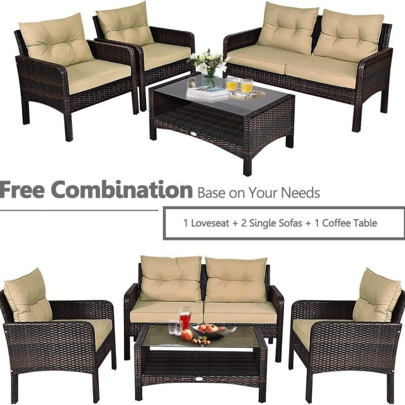 DEVOKO 4pc Outdoor Rattan Wicker Patio Set (Dark Brown & Cream) - Image 7