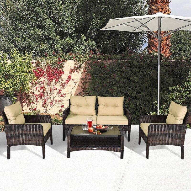 DEVOKO 4pc Outdoor Rattan Wicker Patio Set (Dark Brown & Cream) - Image 8