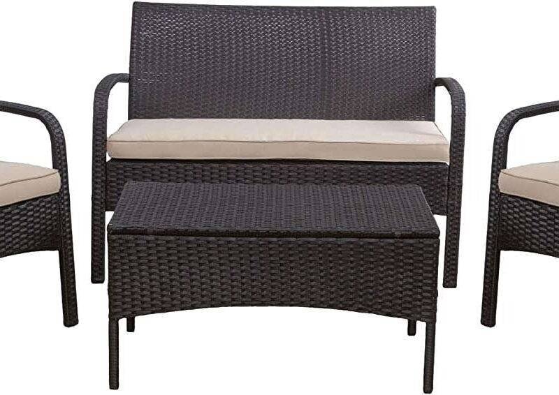 DEVOKO 4-Piece Waterproof Wicker Patio Furniture Set - Dark Brown & Beige - Image 9