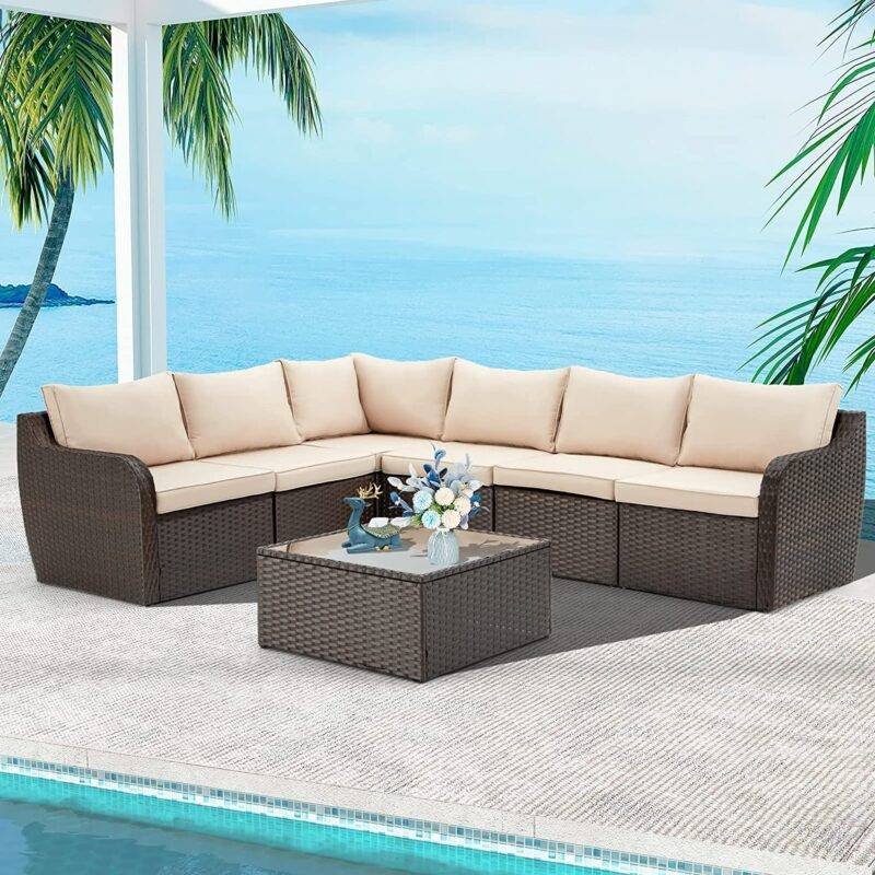 Devoko 3-Piece L-Shape Patio Conversation Set(Dark Brown & Cream) - Image 3