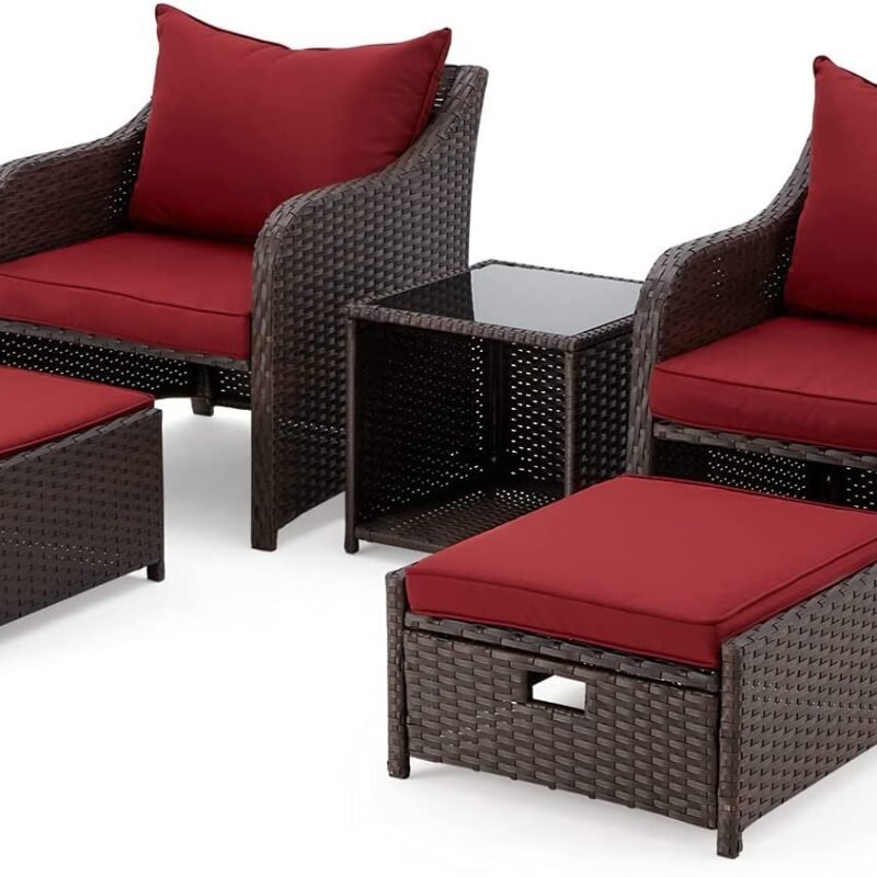 5-Piece Red Cushioned Rattan Patio Set: Dark Brown Elegance - Image 3