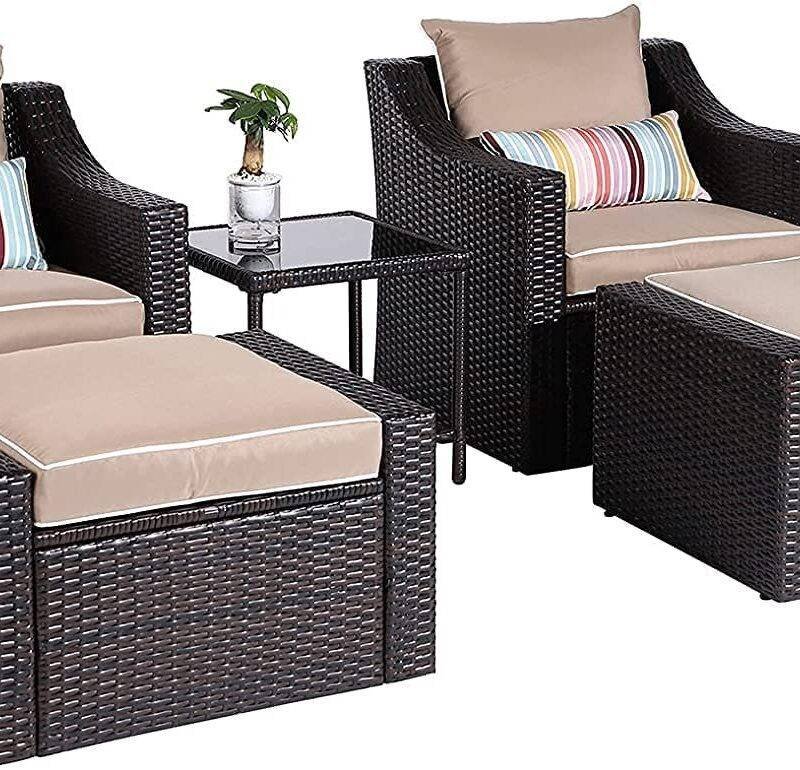5-Piece Outdoor Wicker Furniture Set (Dark Brown Rattan & Cream Cushion) - Image 3