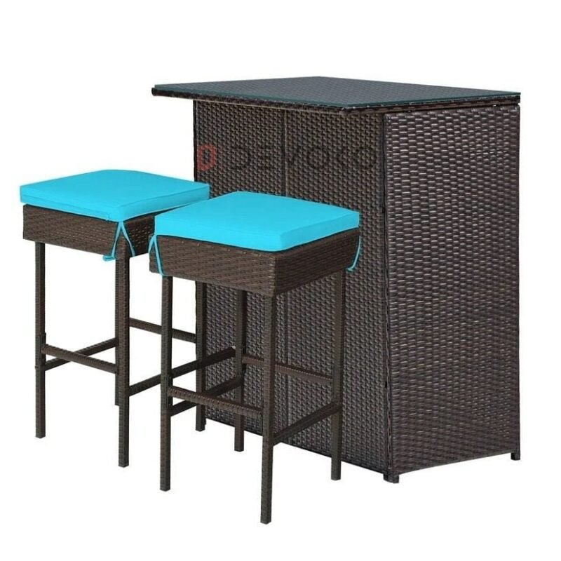 Wicker Bar Set: Glass Bar, 2 Stools, Cushions - Dark Brown & Sky Blue - Image 7