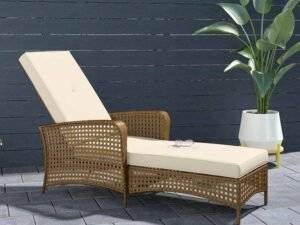 Brown Wicker Rattan Adjustable Chaise Lounge with Beige Cushions: 1Pack