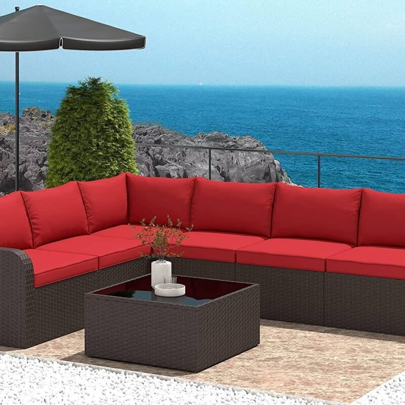 Rattan Wicker Sectional Patio Set with Ergonomic Design and Waterproof Cushions (Dark Brown & Red) - Image 4