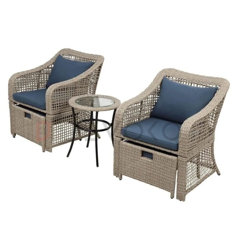 Navy Blue Cushion & Silver Grey Wicker Patio Conversation Set - Image 4