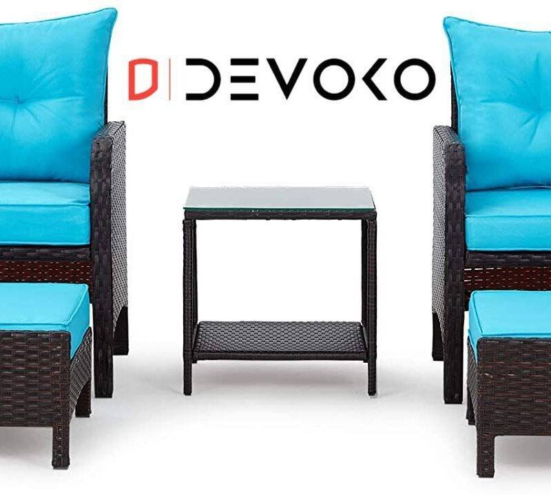 5-Piece Patio Furniture Set with Ottoman & Table in Dark Brown & Sky Blue - Image 3