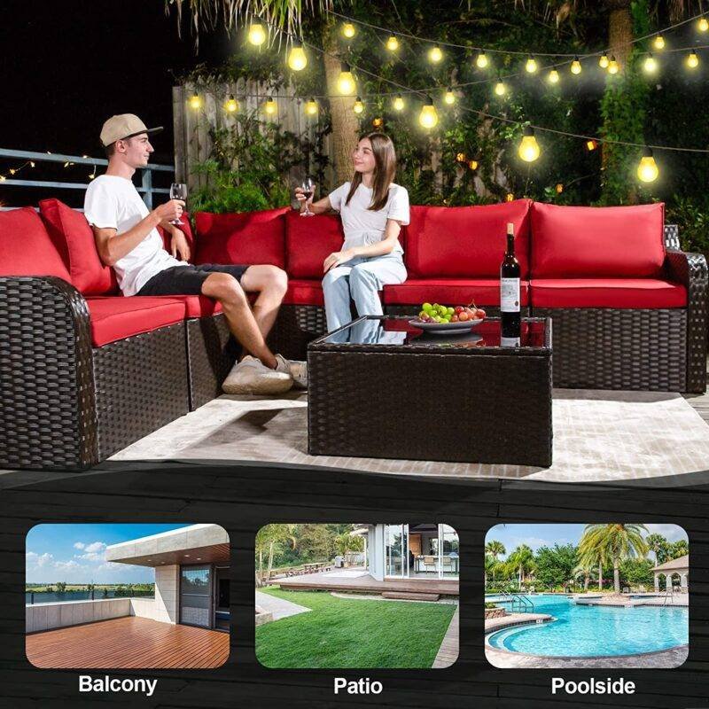 Rattan Wicker Sectional Patio Set with Ergonomic Design and Waterproof Cushions (Dark Brown & Red) - Image 3