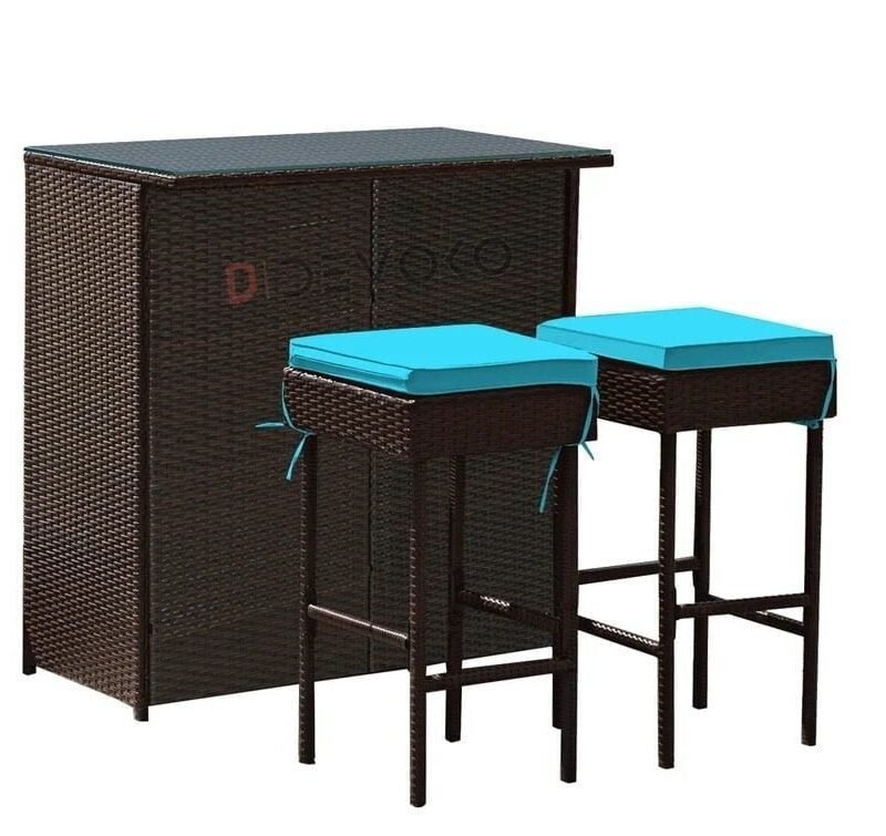 Wicker Bar Set: Glass Bar, 2 Stools, Cushions - Dark Brown & Sky Blue - Image 4