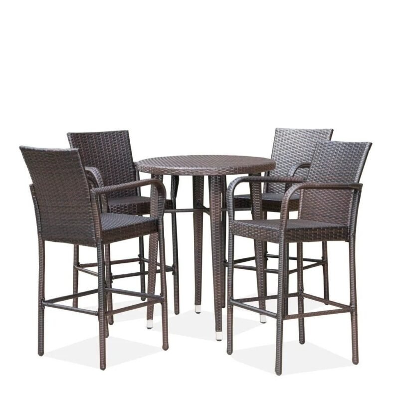 5-Piece Wicker Patio Bistro Set: Round Table, 4 Bar Stools - Image 5