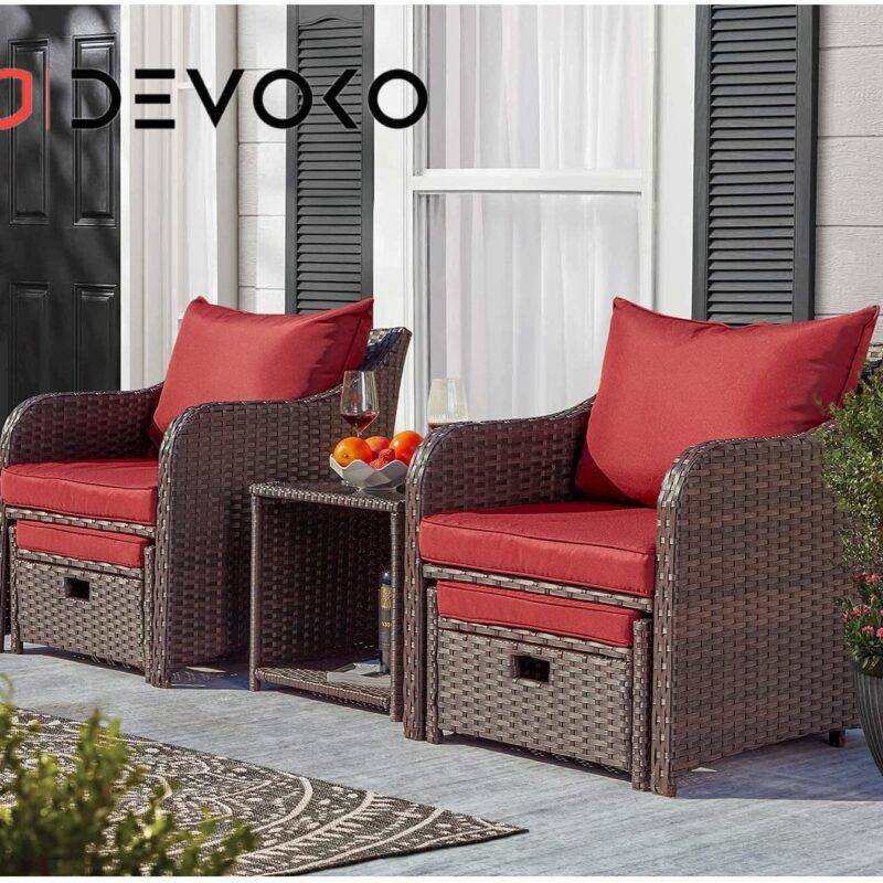 5-Piece Red Cushioned Rattan Patio Set: Dark Brown Elegance - Image 4