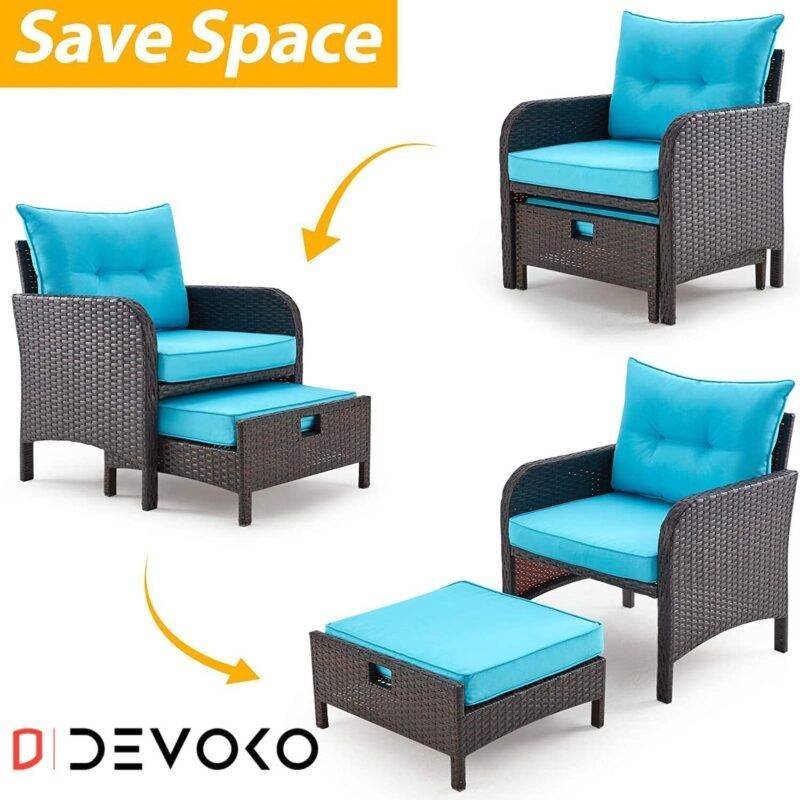 5-Piece Patio Furniture Set with Ottoman & Table in Dark Brown & Sky Blue - Image 4