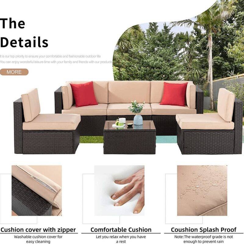 Dark Brown & Cream Outdoor Patio Sofa Set with Cushions & Pillows - Image 5