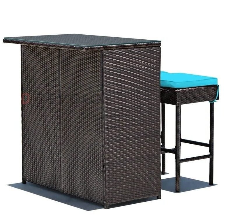Wicker Bar Set: Glass Bar, 2 Stools, Cushions - Dark Brown & Sky Blue - Image 6