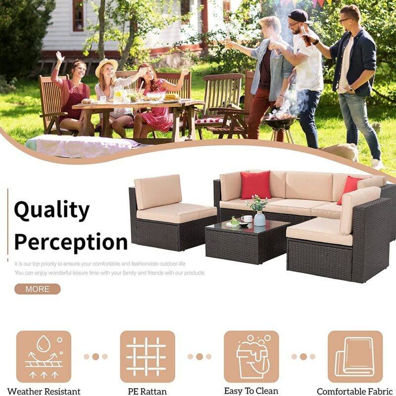 Dark Brown & Cream Outdoor Patio Sofa Set with Cushions & Pillows - Image 4