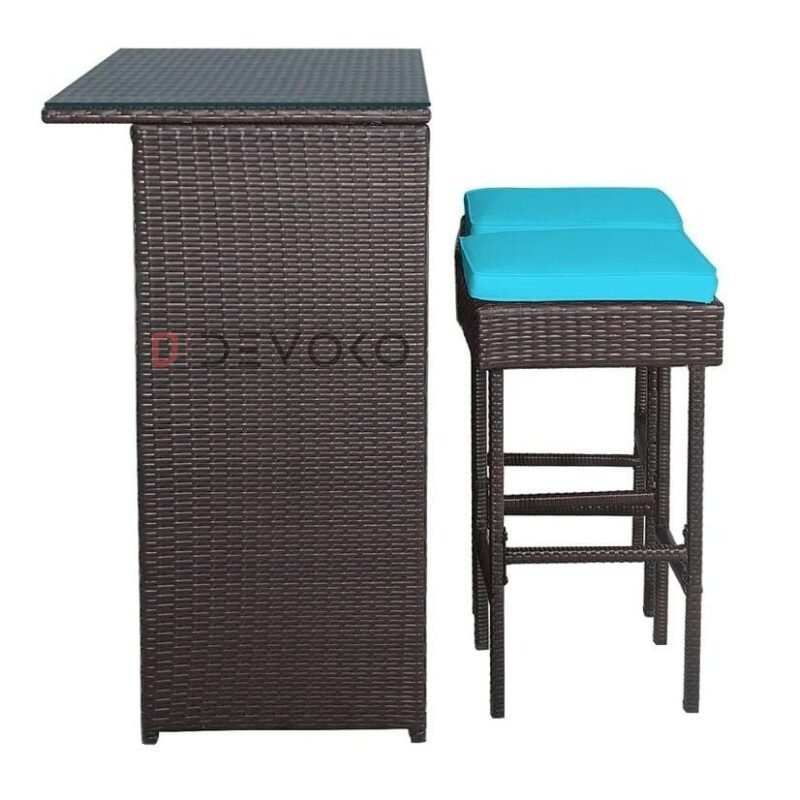 Wicker Bar Set: Glass Bar, 2 Stools, Cushions - Dark Brown & Sky Blue - Image 5