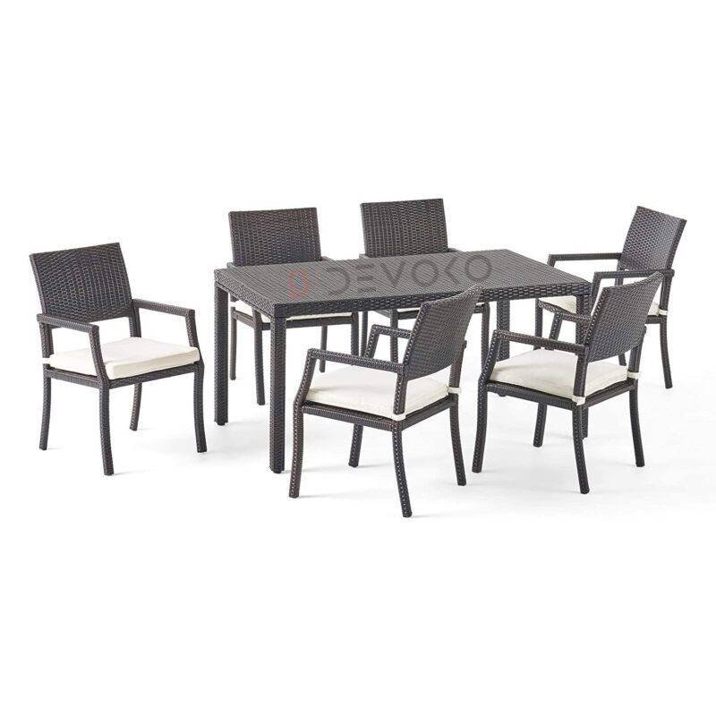 7PCS Wicker Patio Dining Set: Outdoor Rattan Table & Chairs with Cushions (Dark Brown & Off white) - Image 3