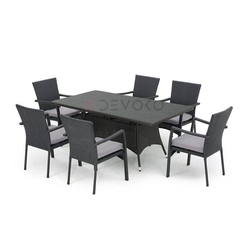7PCS Wicker Patio Dining Set: Outdoor Rattan Table & Chairs with Cushions (Black & Grey) - Image 7