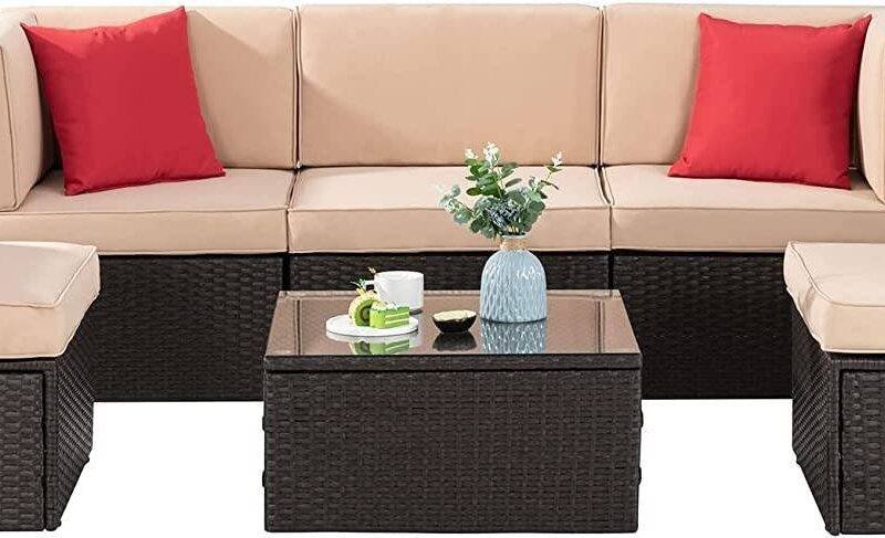 Dark Brown & Cream Outdoor Patio Sofa Set with Cushions & Pillows - Image 3