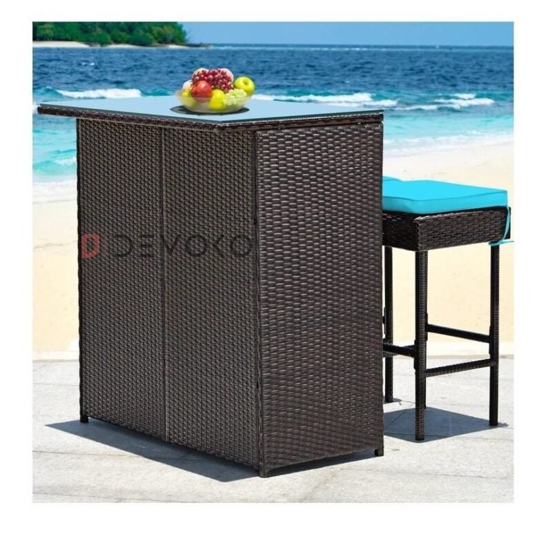 Wicker Bar Set: Glass Bar, 2 Stools, Cushions - Dark Brown & Sky Blue - Image 3