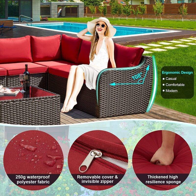 Rattan Wicker Sectional Patio Set with Ergonomic Design and Waterproof Cushions (Dark Brown & Red) - Image 5