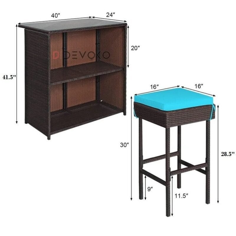 Wicker Bar Set: Glass Bar, 2 Stools, Cushions - Dark Brown & Sky Blue - Image 2