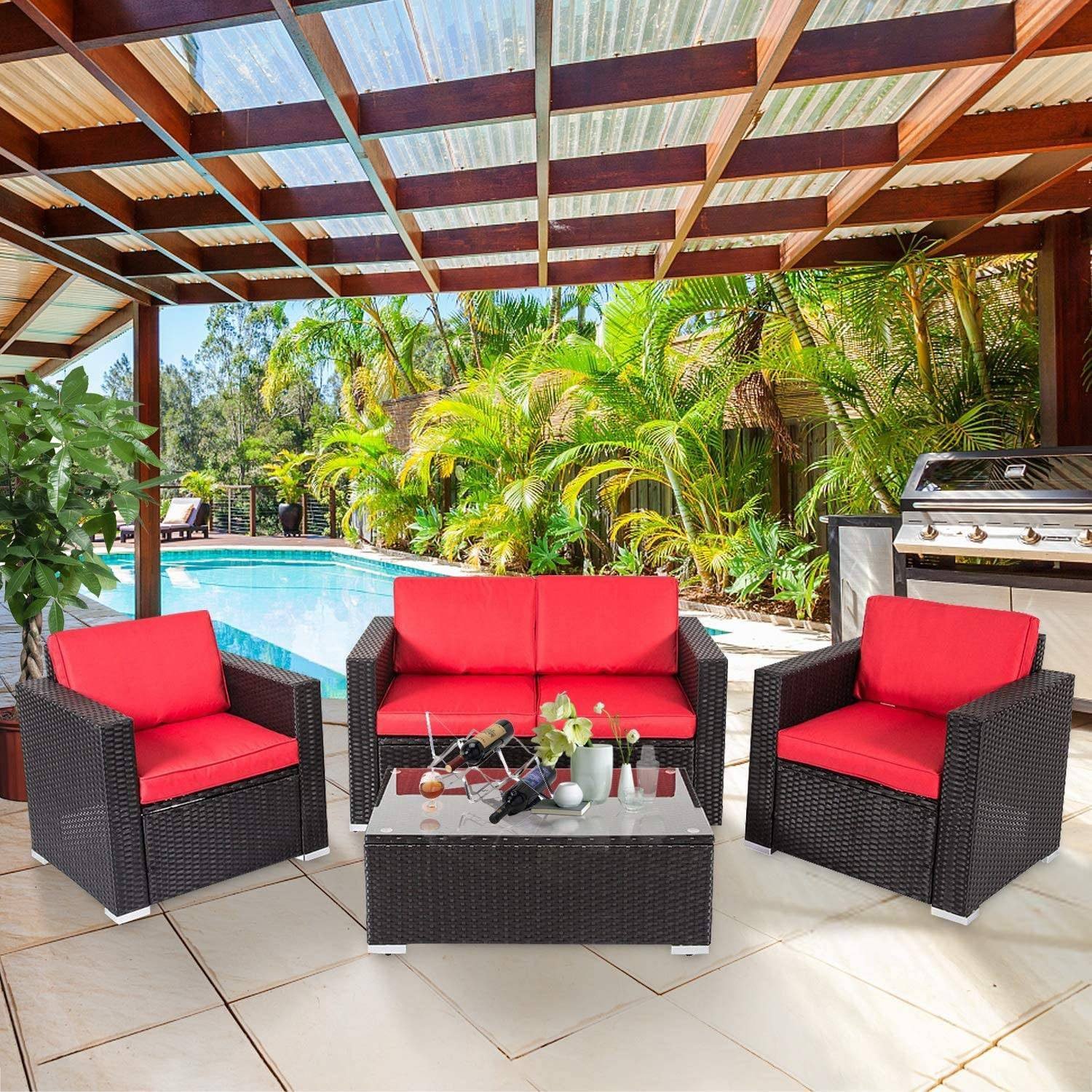 4Pc Outdoor Wicker Rattan Sofa Set with Coffee Table
