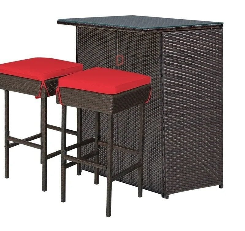 3-Piece Rattan Wicker Patio Bar Set with Cushioned Stools & Glass Table - Dark Brown & Red - Image 5