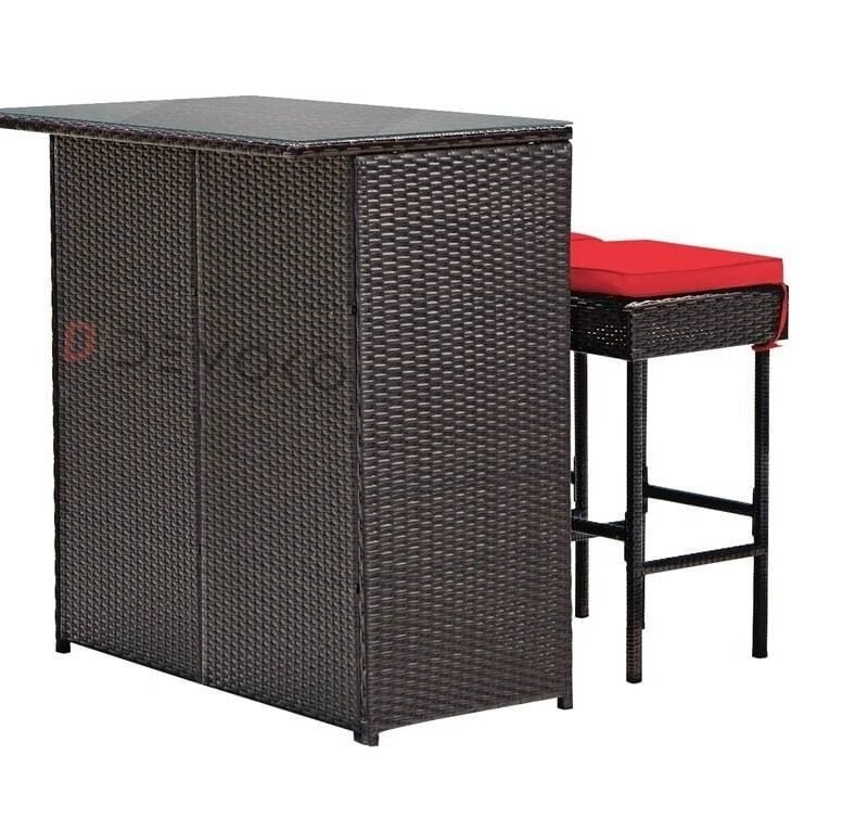 3-Piece Rattan Wicker Patio Bar Set with Cushioned Stools & Glass Table - Dark Brown & Red - Image 4