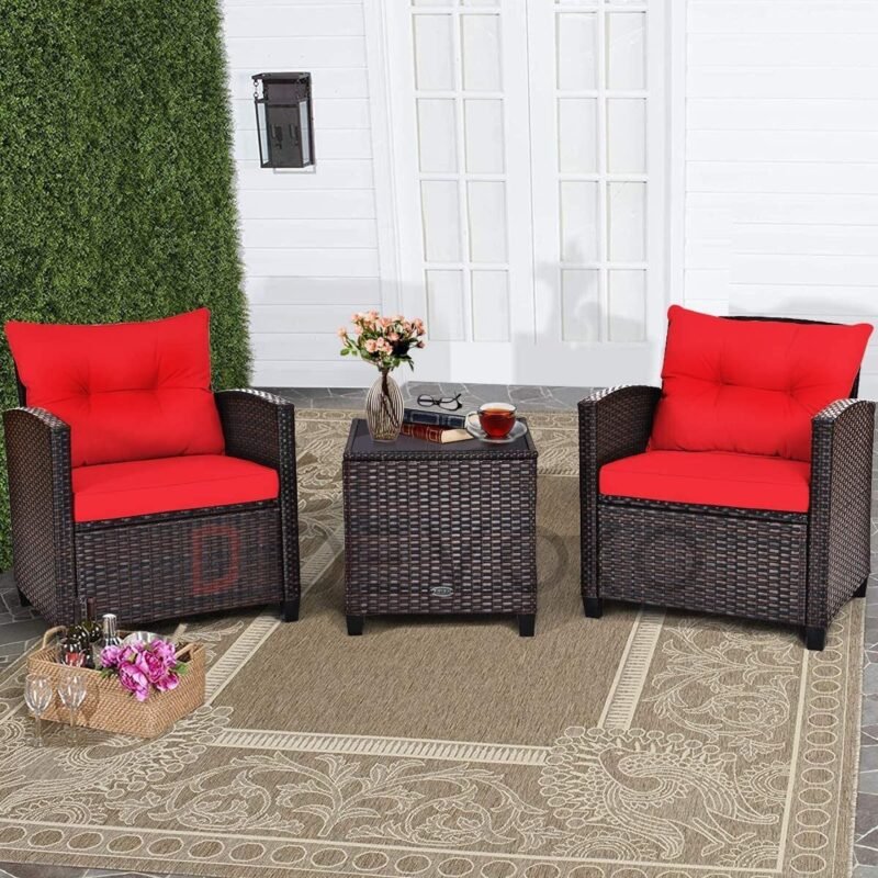 3-Piece Rattan & Wicker Patio Furniture Set: Red & Dark Brown - Image 4
