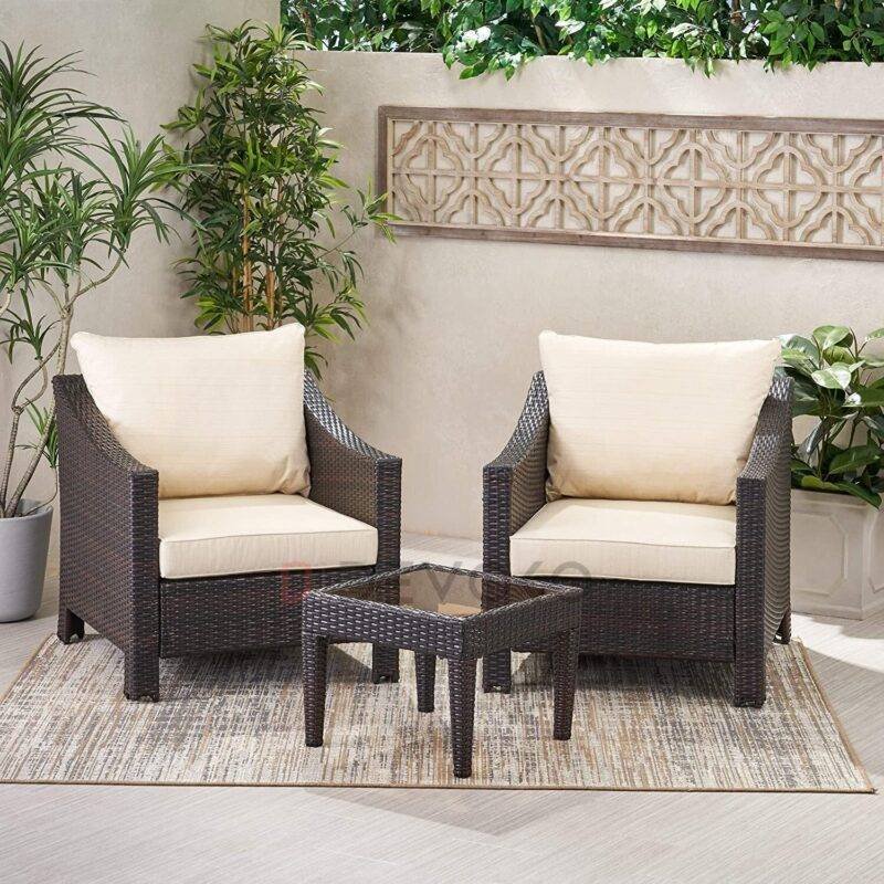 3-Piece Patio Bistro Conversation Set: Cream Cushion, Dark Brown Wicker - Image 4