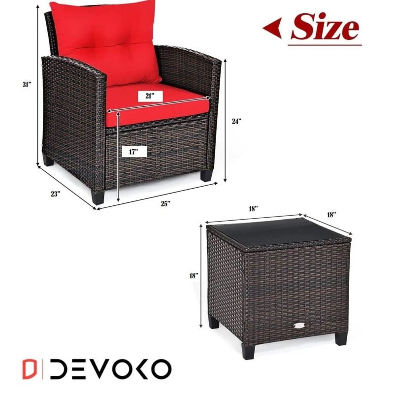3-Piece Rattan & Wicker Patio Furniture Set: Red & Dark Brown - Image 2