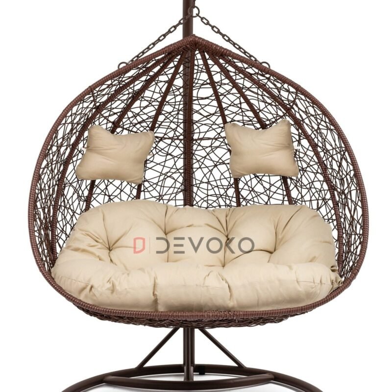 Double Seater Rattan & Wicker Swing (Brown & Cream) - Image 3
