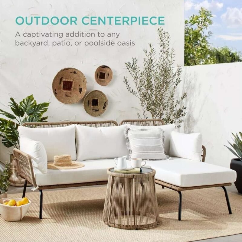 DEVOKO L-Shaped Outdoor Conversation Sofa Set with Cushions & Side Table (Beige/White) - Image 6