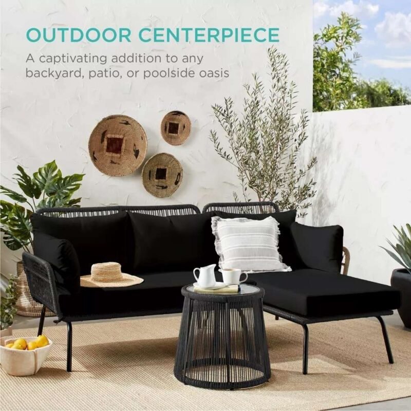 Devoko L-Shaped Patio Conversation Sofa Set with Thick Cushions & Side Table (Black) - Image 6