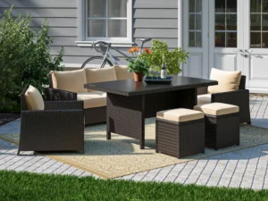 Devoko 6pc Outdoor Wicker Sofa Set - Dark Brown & Cream