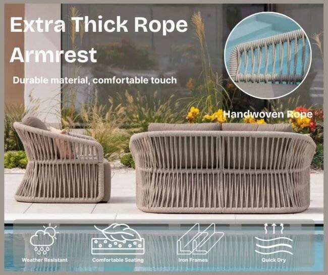 4-Piece Outdoor Braid & Rope Sofa Set (Beige & Dark Cream) - Image 5