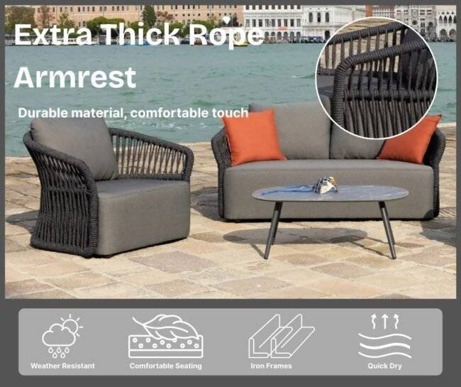 4-Piece Outdoor Braid & Rope Sofa Set (Grey) - Image 5