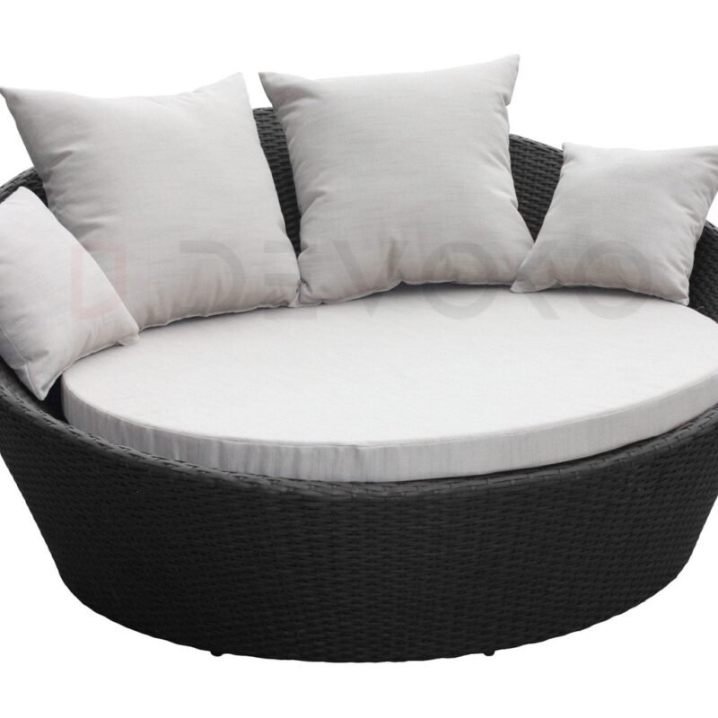 Black Wicker Round Sofa Daybed Set with Offwhite Cushions - Image 3