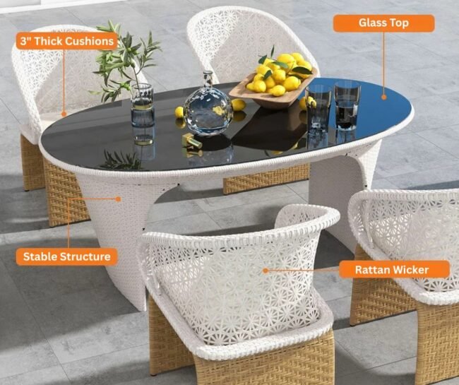5 Pieces Outdoor Wicker Dining Set with Double Tone Armchairs (White)(Table Without Glass Top) - Image 5