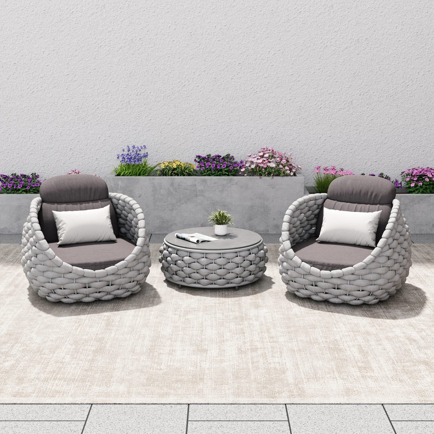 3-Piece Bird's Nest Shape Outdoor Rope Patio Set (Silver Grey & Dark Grey)