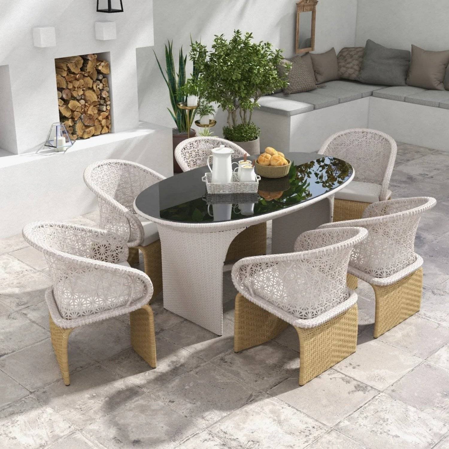 7 Pieces Outdoor Wicker Dining Set with Double Tone Armchairs (White)(Table Without Glass Top)