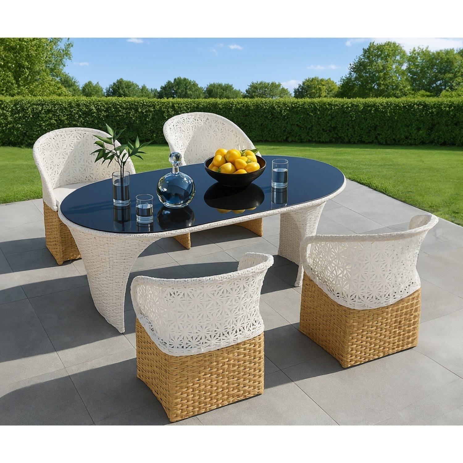 5 Pieces Outdoor Wicker Dining Set with Double Tone Armchairs (White)(Table Without Glass Top)